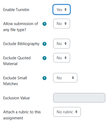 A screenshot of the assignment activity Turnitin settings